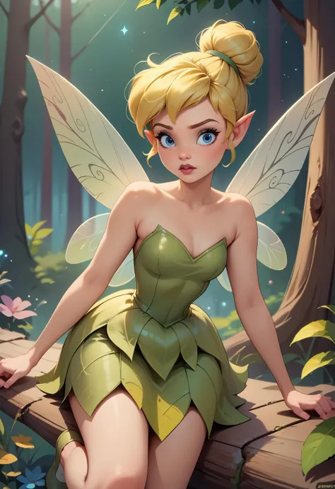 score_9, score_8_up, score_7_up BREAK night sky, forest <lora:tinkerbellPonyXL_character:0.8> TinkerWaifu, fairy wings, blue eyes, green dress, hair bun