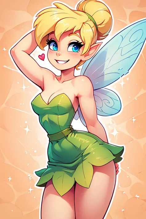 (TinkerWaifu:1.2), (NSFW:1.3), (holding boobs:1.2), (strapless green dress:1.2), (fairy wings focus on breasts:1.2), Tinkerbell bare breasts, cute, looking at the viewer, single bun, short hair, bare breasts, hands behind her body, lighting, colourful, general plan, daylight, big boobs, big tits, big breasts, sexy pose, full body, zoom out, centre model, vintage t-shirt design, in the style of hand drawing, 3D vector art, fantasy art, watercolour effect, Adobe Illustrator, hand-drawn, digital painting, low-poly, soft lighting, isometric style, retro aesthetic, focused on the character, 4K resolution, photo realistic rendering, using Cinema 4D,