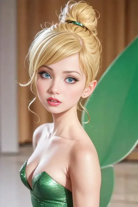 (RAW photo, best quality), (realistic, photo-realistic:1.2), high quality, (high detailed skin:1.4), 1girl, solo, 18yo, pin-up photo portrait of tinkerwaifu, instagram face, annoyed, blonde hair, single hair bun, mascara, eyeliner, blue eyes, green sparkling latex strapless dress, fairy wings, tiny girl, cleavage, female focus, flirting with camera, seductive look, rtx on, ray tracing reflections, tilt shift, <lora:tinkerBellPeterPan_v10:0.8>