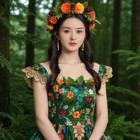 (zlying woman:1.2) <lora:lora_zly-step00004000-sd_xl_base_1.0:1>,Wearing Forest style dress with garland(multi color)