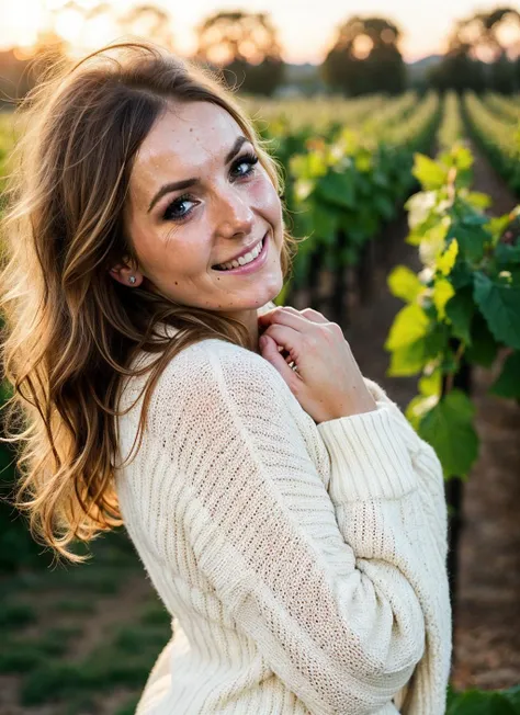 1 woman, German, blue eyes, beautiful, (selfie, happy), Shooting in a vineyard tent during sunset, Golden vineyard rows backlight, Tent Open Sign, Masterpiece, Best Quality, Ultra-detailed, Solo, exteriors, sprawling vineyard, rolling hills backdrop, Nature (rustic charm), cheerful, happy, Cosy in a casual yet elegant outfit, Inside the tent, When you open the tent, views of the sun-kissed vines, possibly wine tasting in progress, tranquil countryside, shadowy contrasts, serene atmosphere, analog style, looking up at viewer, skin texture, film grain, warm hue, warm tone, close-up, Cinematic light, Sidelighting, ultra-Highres, best shadows, dressed in a chic pullover, Relaxed and intimate photos, with long blond hair.