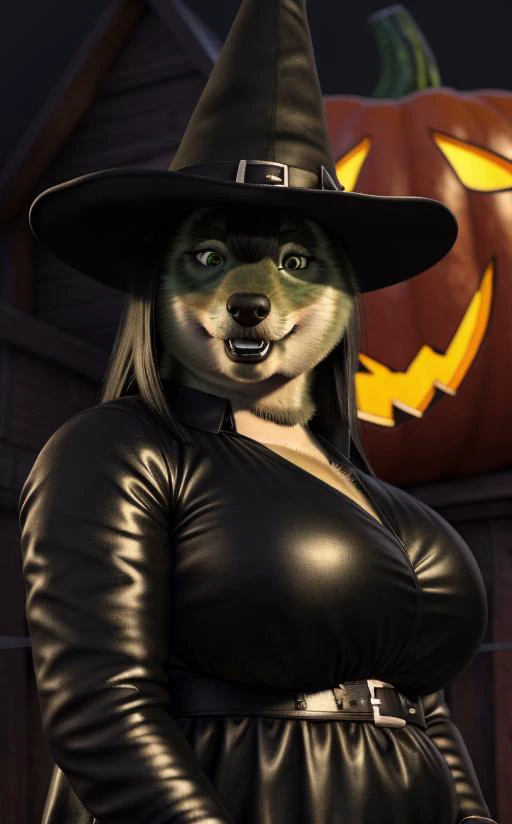 (uploaded on e621:1.5), highly detailed, hyper realistic, octane render, soft lighting, (masterpiece:1.3),(best quality:1.4), (extreme detailed illustration), good anatomy, detailed face,
(solo),
(female), tall,
(green wolf),(long black hair), (long bangs: 1.3),
green eyes, (thick black lips), black fingernails,
black witch costume, black witch hat,
(stocky: 1.3), (overweight), (big pecs), (double chin)
standing, looking at viewer,
halloween background,
<lora:BulkedUpR2:0.4> <lora:Fat:0.8> <lora:Wolfie - fluffyrock 1088 lion e27:0.8>