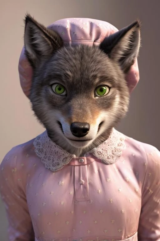 real e621, photorealistic, masterpiece, Wolfie:1.2, smiling at viewer, (pink and white floral patterned headwear, pink and white floral patterned clothing:1.2), nightgown and bonnet, sharp eyes, male, green eyes, long sleeves
<lora:Wolfie_V2 - FRLione27nO_-step00002400:0.8>