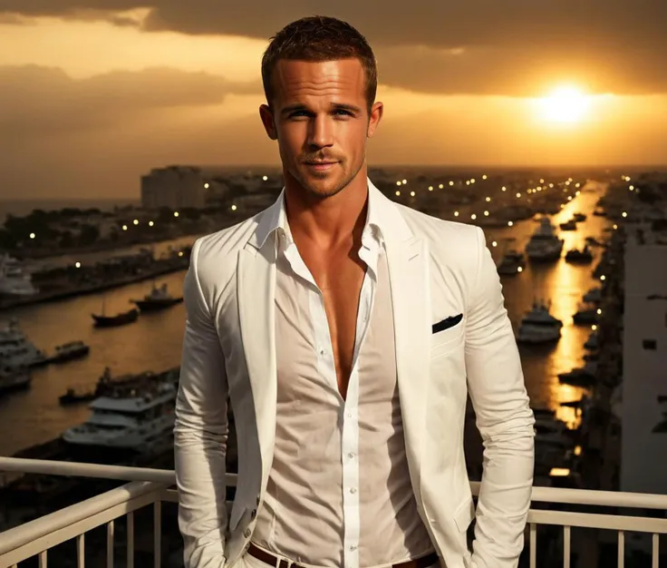 Nautical-themed (Photo:1.3) of (Ultrarealistic:1.3) <lora:Man_Men_FFashion:1> Cam Gigandet a man <lora:Cam-Gigandet:1> in a white suit standing on a balcony, under rain, sun behind him, inspired by Pablo Munoz Gomez, shot at golden hour, editorial photograph, midshot of a hunky, by Roman Bezpalkiv, by Artur Tarnowski, maxim sukharev, by Gabor Szikszai,Highly Detailed,(Mono Color:1.3) . Sea, ocean, ships, maritime, beach, marine life, highly detailed