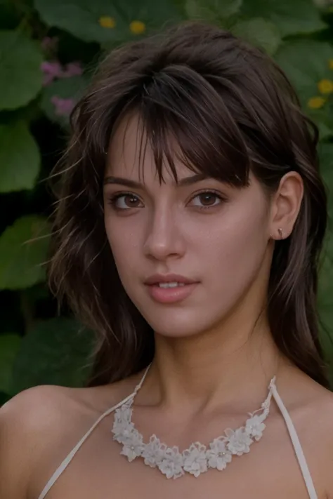 garden, woman, detailed hair, detailed face, detailed skin, detailed eyes, open mouth, earings