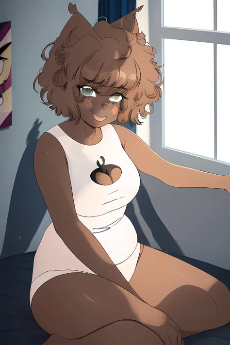 dercie, /(dercie)/, dercie from yeagers, broun, furry, green hair, cartoonized, cartoon, painting, short hair, short brown hair,  1girl, looking at viewer, indoors, bedroom, contemporary, modern bedroom, window, detailed shadow, high quality, highres, 
sitting,  sitting on bed, 
 <lora:Dercie:1>