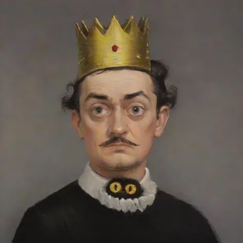 <lora:SDXL_Vanessa Stockard_Sa_May-000011:1> Salvador Dali with a small black cat with jabbo and crown