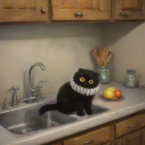 <lora:SDXL_Vanessa Stockard_Sa_May-000011:1> a small black cat with jabbo, in the kitchen