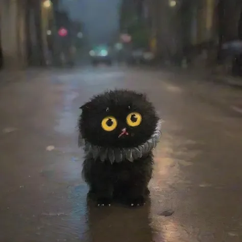 <lora:SDXL_Vanessa Stockard_Sa_May-000011:1> a very small black cat with jabbo, street rain