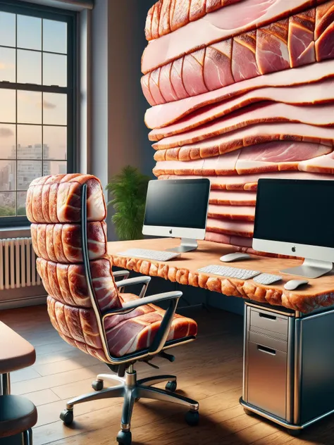 HamStyle, An office scene where the desks, chairs, and computers are all comically designed with textures of cooked ham, creating a humorous work environment <lora:SDXLElfMeat:1>, humorous, quirky, HDR, captured with a Canon EOS 5D Mark IV for lifelike textures, <lora:EnvyBetterHiresFixXL01:0:hr=1>