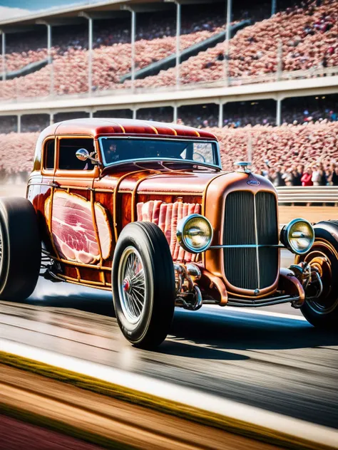 HamStyle, A vintage race car with a body entirely made of glazed ham, speeding down a racetrack with a crowd cheering in the background <lora:SDXLElfMeat:1>, dynamic, cinematic, masterpiece, intricate, HDR, captured with the high-speed precision of a Nikon D6, <lora:EnvyBetterHiresFixXL01:0:hr=1>