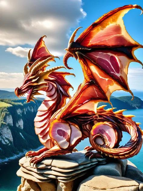 HamStyle, A fantastical creature, part-dragon, part-ham, with wings and scales resembling a honey-glazed ham, perched atop a cliff <lora:SDXLElfMeat:1>, dramatic, HDR, photographed with the dynamic range of a Panasonic Lumix S1R, <lora:EnvyBetterHiresFixXL01:0:hr=1>
