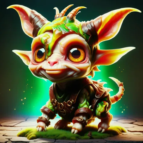 hyper detailed masterpiece, dynamic, awesome quality, goblin, imaginative and mischievous character with a hunched posture, glowing beady eyes, and a malevolent grin. use earthy green and brown tones for its mottled skin, and add small, stubby horns on its sloping forehead, scraggly moss-like hair,sharp jagged teeth in its wide mouth, goblin should be small in stature, around 2 to 3 feet tall, fantasy, alternate reality <lora:SDXLElfMeat:1>SDXLElfMeat