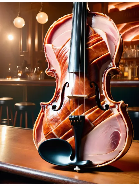 HamStyle, A close-up of a violin made entirely of cooked ham, with strings and bow, set against the intimate backdrop of a smoky jazz bar <lora:SDXLElfMeat:1>, intricate, musical, HDR, taken with a Leica SL2 for its rich tonal quality, <lora:EnvyBetterHiresFixXL01:0:hr=1>