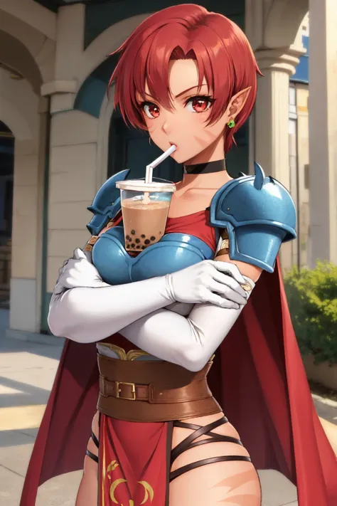 (masterpiece, best quality:1.2), solo, 1girl, phiadef, bubble tea challenge, drinking straw, crossed arms, armor, pelvic curtain, white gloves, elbow gloves, cape, choker, earrings <lora:starocean_phiamelle-19:0.8> <lyco:concept_bubbleteachallenge-16:1>