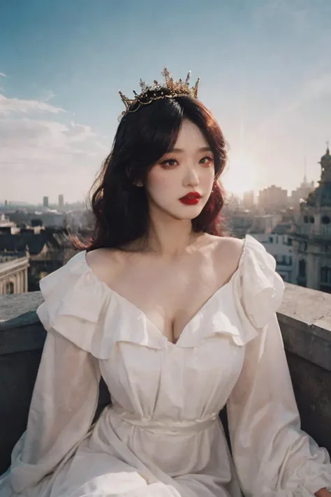<lora:LifeImitatesArt:0.7>, lifeimitatesart,
(masterpiece, raw photo, fashion editorial), rococo, red wig, huge wings, terrace, white dress, city, pearl crown, red lips, detailed face, sun light, dramatic lighting, <lora:InstantPhotoX3:0.3>