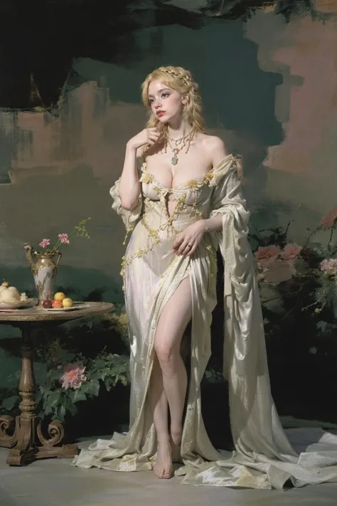 ((low-key, dim lighting, soft lighting):1.4), enchanting and elegant, atmospheric depth, exquisite technique, natural performance, harmonious composition, creative refinement, eye-catching juxtaposition,
NSFW, 1girl, 20 yo, solo, model shooting pose, (blonde hair:1.4), medium breasts, (pink nipple, breasts out), bangs, (tired up short braids), fair skin, gorgeous and aesthetic, full body, <lora:ARWPanniersDress:1> panniersdress , france, silver big (wig:1.1), golden, pastel colors, fan hand, necklace, silk, satin, garden, grapes, vines, fruits in plate, <lora:LifeImitatesArt:0.6> lifeimitatesart,