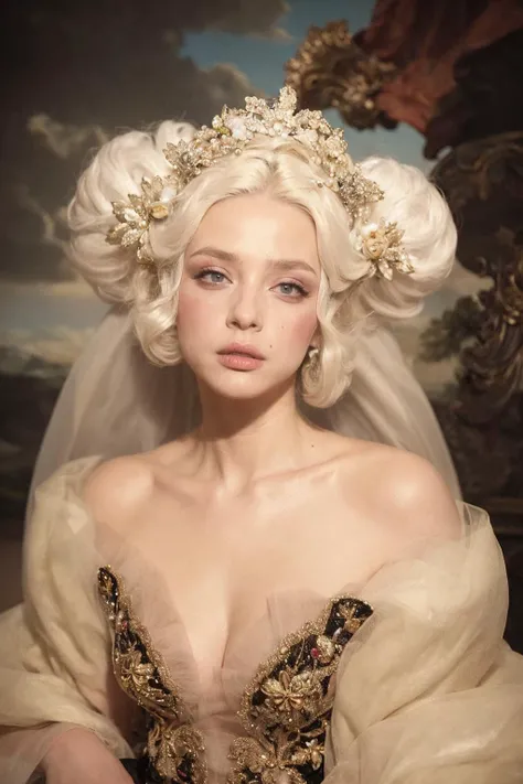 <lora:LifeImitatesArt:0.7>, lifeimitatesart
(masterpiece, raw photo, fashion editorial)
a woman, white wig, bouffant, dark shot, rococo, seraphim, dress, pearls, painted backdrop, cloud
faded, film grain, muted colors, photography, epic realistic, (by Franois Boucher), detailed face, soft focus