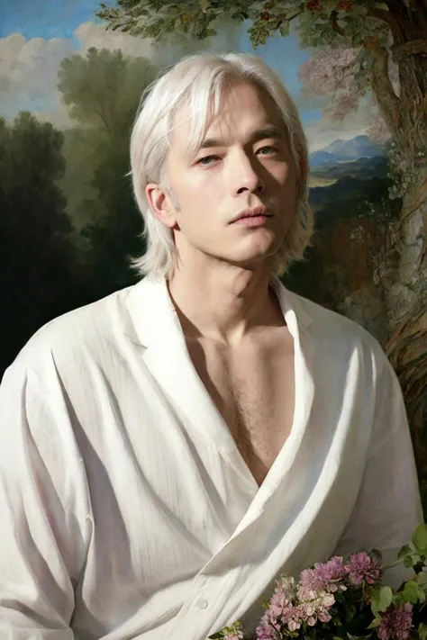 <lora:LifeImitatesArt:0.7>, lifeimitatesart
(masterpiece)
closeup, man, flowers, baroque, shirt, (painted backdrop:1.1), albino, nature, out of frame
fashion editorial, faded, film grain, muted colors, epic realistic, (oil painting style), detailed face, soft focus, eclectic