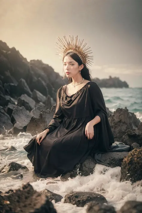 <lora:LifeImitatesArt:0.7>, lifeimitatesart
(masterpiece, raw photo, fashion editorial)
a woman, headdress, seaside, dark shot, barouque, dress, pearls, painted backdrop, cloud, sitting on rocks
faded, film grain, muted colors, epic realistic, (by Aivazovsky, storm, foam), detailed face, soft focus, eclectic
