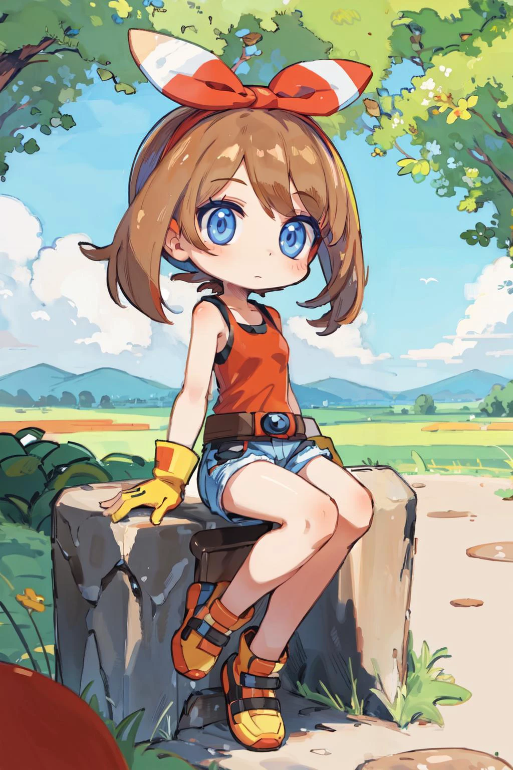 (masterpiece, best quality:1.2), 1girl, may \(pokemon\) <lora:May:0.6>, brown hair, blue eyes, gloves, shorts, red tanktop, belt, chibi <lora:LX:0.5>, cute, chibi style, nature background, sitting on stone