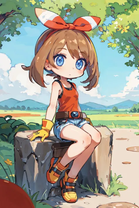 (masterpiece, best quality:1.2), 1girl,  may \(pokemon\) <lora:May:0.6>, brown hair, blue eyes, gloves, shorts, red tanktop, belt,  chibi <lora:LX:0.5>, cute, chibi style, nature background, sitting on stone