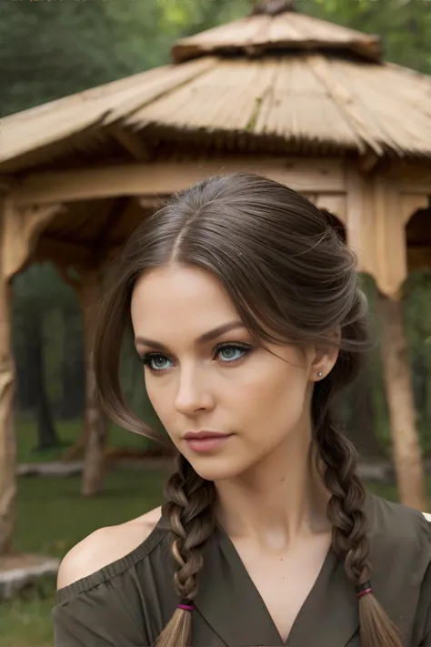 <lora:filmrealism-moroccosheep:0.8>, adult woman, Sable Brown Medium Length French Twist Hairstyle, Dark Green eyes, A forest scene with a natural gazebo made from intertwining tree branches|| <lora:filmrealism-moroccosheep:0.2>, masterpiece, 8k, high resolution, shallow depth of field, sharp focus
