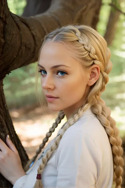 <lora:filmrealism-moroccosheep:0.8>, adult woman, Creme Brulee Blonde Long Box Braids Hairstyle, Blue eyes, A forest scene with a tree hollow home to a family of owls || <lora:filmrealism-moroccosheep:0.2>, masterpiece, 8k, high resolution, shallow depth of field, sharp focus