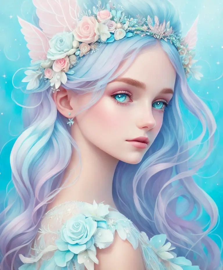 Princess girl with wing, Blue, Pastel, glitter, dramatic, dreamy, pastel, Watercolor, Whimsical, Delicate, seashell crown, Trending on Artstation, Highly detailed, Intricate, Portrait, digital painting, Fantasy theme, Fantasy robes, Fantasy concept art, Fantasy character art, Smug, Teenage girl, perfect body, full body, dreamy, pastel, Watercolor, Whimsical, Delicate, seashell crown, art by loish and lois van baarle, Trending on Artstation, Highly detailed, Intricate, Portrait, digital painting