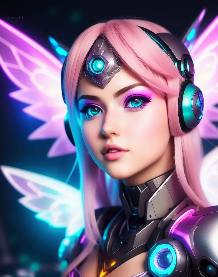 Real anime cosplay robotic meha fairy girl portrait, beautiful, atmospheric, fantasy, hdr, ultra realistic, blonde, sharp focus, league of legends concept art, beautiful cybergoth kawaii girl portrait, beautiful, photoshoot, hyperrealism goddess with meha wings, pastel colors