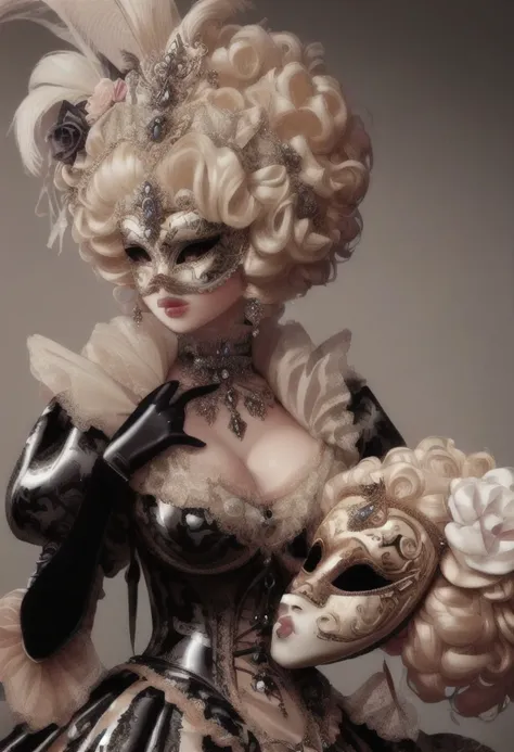 high quality, extremely detailed, perfect face,  <lora:MasqueradeFashion:1>, ((castle ballroom)), masqueradefashion, ((exquisite black latex ballgown)), porcelain full mask, (((extremely glossy latex))), massive blonde wig, large breasts, (black corset, long puffy sleeves, black latex gloves)