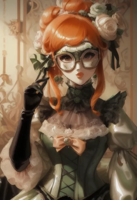 high quality, extremely detailed, perfect face, <lora:MasqueradeFashion:.8>, ((Futaba_Sakura)), young girl, ((green and black latex ballgown, corset, extremely glossy latex)), MasqueradeFashion, flat chest, (masked face), ((long orange hair)), long puffy sleeves ((castle ballroom)) <lora:dsfutaba-v2:1>, ((glasses))