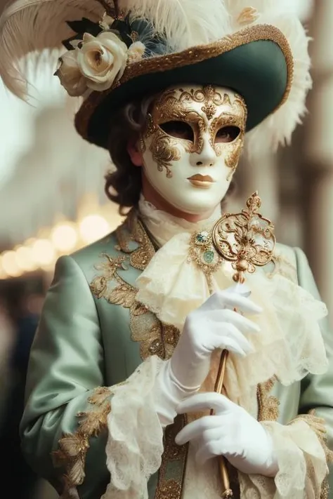 cinematic film still middle-aged man, green theme MasqueradeFashion style <lora:MasqueradeFashion:0.85> . shallow depth of field, vignette, highly detailed, high budget Hollywood movie, bokeh, cinemascope, moody, epic, gorgeous, film grain, grainy