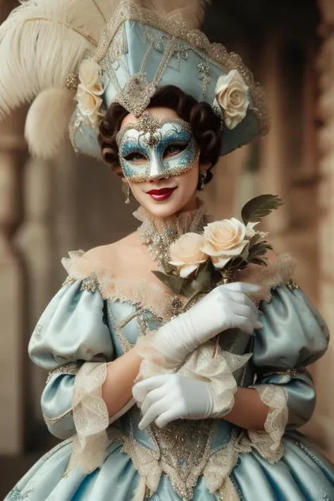 cinematic film still middle-aged happy smiling woman, blue theme MasqueradeFashion style <lora:MasqueradeFashion:0.85> . shallow depth of field, vignette, highly detailed, high budget Hollywood movie, bokeh, cinemascope, moody, epic, gorgeous, film grain, grainy