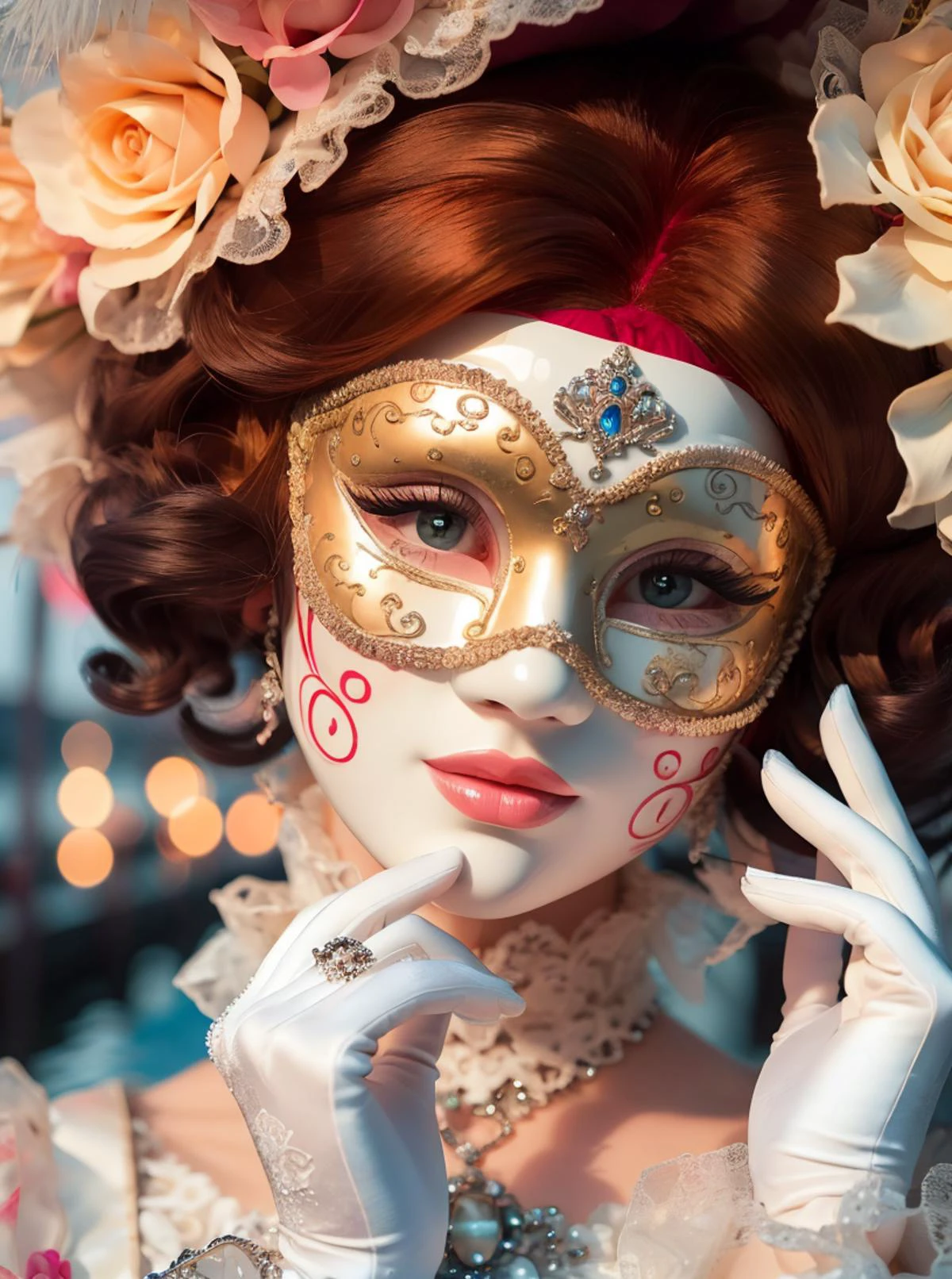 RAW photo, portrait, 1girl, posing, exquisite red underwear, ginger wig, full face mask, complex pier background, colorful
<lora:MasqueradeFashion:0.65> MasqueradeFashion, 8k uhd, dslr, soft lighting, high quality, film grain, Fujifilm XT3, (intricate details:0.9), (hdr, hyperdetailed:1.2)