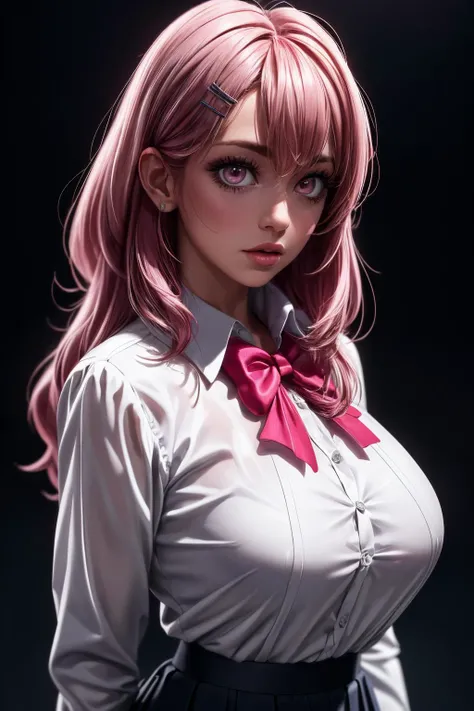 (best quality,4k,8k,highres,masterpiece:1.2),pink hair,Asymmetrical Hair,beautiful big breasts,girl's eyes are beautifully detailed and expressive,girl's lips are beautifully detailed,ultra-detailed,realistic,wearing school uniforms,playfully enjoying the moment,colorful and vibrant,soft natural lighting。to jump。