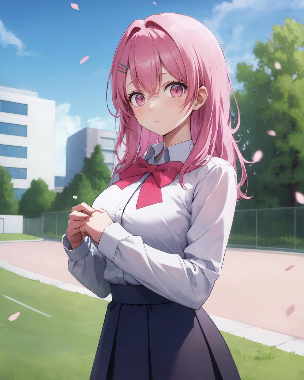 masterpiece, best quality, absurdres, 1girl, closed mouth, <lora:kotobuki_minami_v1:0.7> long hair, pink hair, hairclip, bangs, pink eyes, BREAK school uniform, pink bow, white shirt, collared shirt, long sleeves, grey skirt,
(looking at viewer), (tsurime) <lora:Tsurime:0.75>,, (nice hands, perfect hands), <lora:GoodHands-vanilla:1>, <lora:school_yard_v0.1:0.7> school yard, field, tree, grass, road, garden, bushes, chain-link fence, fence, cherry blossoms, students in behind,
,
BREAK , (perfect anatomy), cowbo
y, , Volumetric Lighting
