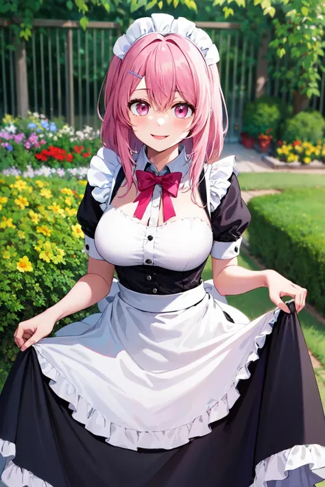 masterpiece, Highest quality, High resolution, poor, short hair, maid headdress, X Hair Ornament, Hair Ribbon, Hair on one eye, Large Breasts, Frills, Neck ribbon, Cleavage, dress, Removable sleeves, White apron, Waist apron, White Pantyhose, Are standing, Cowboy Shot, smile, Outdoor, garden,Backwards,Butt Show,Panties pink color