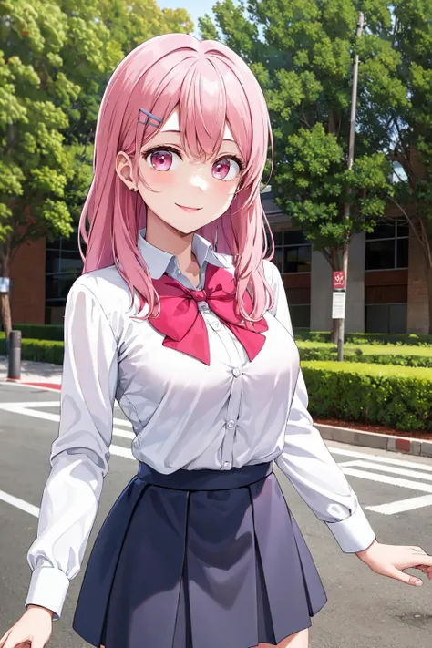 masterpiece,best quality,highres,ultra-detailed,aasango,hairband,long hair,bangs,hair between eyes,school uniform,jacket,white jacket,plaid bow,cardigan,brown cardigan,shirt,collared shirt,black shirt,long sleeves,black skirt,black thighhighs,loafers,brown footwear,<lora:suou_sango:0.8>,(skirt lift:1.4),(blush:1.2),(embarrass:1.4),outdoors,garden,lace-trimmed panties,