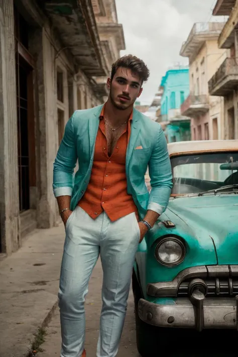 RAW Photo, photo of man michael_yerger leaning against car in cuba in a colorful linen suit, <lora:Michael_Yerger-07:0.9>, 8k uhd, dslr, soft lighting, high quality, film grain, Fujifilm XT3