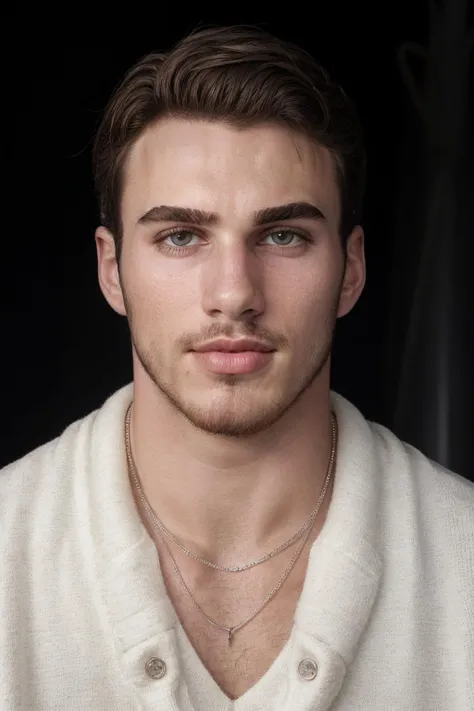 RAW Photo, closeup face portrait photo of man michael_yerger wearing white sweater and necklace <lora:Michael_Yerger-07:0.8>