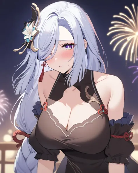 masterpiece,best quality,<lora:shenhe_new:1>,1girl, fireworks, shenhe_\(genshin_impact\), solo, breasts, hair_ornament, long_hair, large_breasts, looking_at_viewer, blush, dress, blue_eyes, black_dress, detached_sleeves, night, flower, hair_over_one_eye, white_hair, upper_body, bare_shoulders, sky, night_sky, bangs, hair_flower