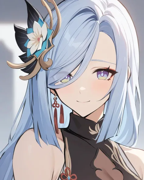 masterpiece,best quality,<lora:shenhe_new:1>,1girl,shenhe_\(genshin_impact\),breasts,hair_ornament,solo,smile,long_hair,blue_eyes,looking_at_viewer,hair_over_one_eye,jewelry,blush,earrings,upper_body,cleavage,blue_hair,bare_shoulders,large_breasts,flower,dress,hair_flower,bangs,detached_sleeves,chinese_clothes,eyes_visible_through_hair,