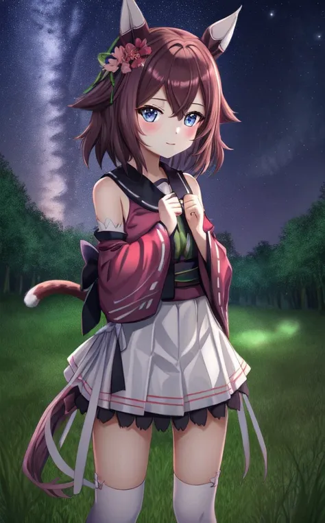 1girl, animal_ears, bangs, detached_sleeves, fireflies, forest, cat_ears, cat_girl, cat_tail, grass, lantern, light_particles, looking_at_viewer,  nature, night, night_sky, on_grass, outdoors, ribbon-trimmed_legwear, ribbon-trimmed_sleeves, ribbon_trim,  sitting, skirt,  solo, tail, tanabata, tanzaku, thighhighs, tree, white_legwear, wide_sleeves sakura chiyono o \(umamusume\) <lora:sakuraChiyonoO_loconV1:1>