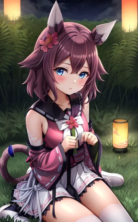 1girl, animal_ears, bangs, detached_sleeves, thighhighs, white_legwear, wide_sleeves, forest, cat_ears, cat_girl, cat_tail, ribbon-trimmed_legwear, ribbon-trimmed_sleeves, ribbon_trim,  sitting, skirt,  solo, tail, grass,fireflies, lantern, light_particles, looking_at_viewer,  nature, night, night_sky, on_grass, outdoors,  tanabata, tanzaku, sakura chiyono o \(umamusume\) <lora:sakuraChiyonoO_loconV1:1>