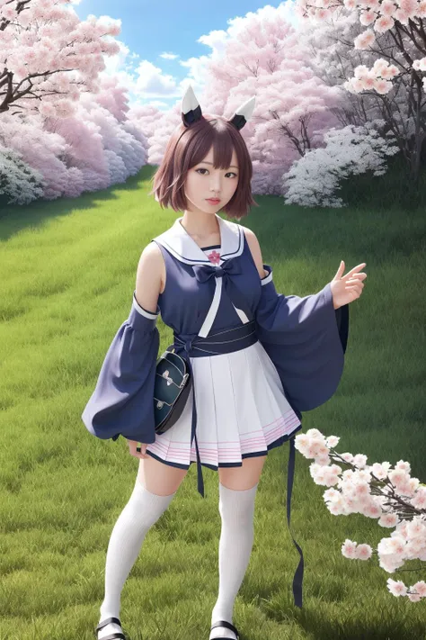 (photorealistic), (cinematic still shot), cinematic photography, masterpiece, extremely detailed, best quality, original, dynamic posture, dynamic angle


1girl, umamusume, sakura chiyono o \(umamusume\), fingerless gloves, black gloves, collarbone, detached sleeves, wide sleeves, long sleeves, sleeveless, sailor collar, bare shoulders, japanese clothes, pink kimono, sash, obi, ribbon trim, pleated skirt, white skirt, white thighhighs, sandals, 

background is a traditional Japanese village, cherry blossom