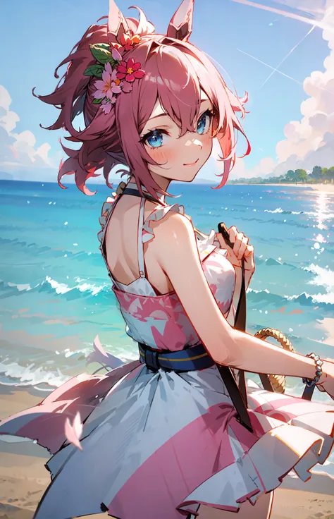 (masterpiece:1.2), solo, multicolored hair, two-tone hair, pink hair, blue hair, (((sundress, white dress))), (diagonal view, from behind:1.2) , ((ocean, beach, stone path)), fallen leaves, cherry blossom, (light smile, naughty_face,), colorful,  hair_ornament ,  spring light, warm lightning, <lora:GoodHands-vanilla:1> (small breasts,)<lora:sakura_chiyono_o_locon:0.8>,sakura chiyono o \(umamusume\),((short hair, (ponytail), )