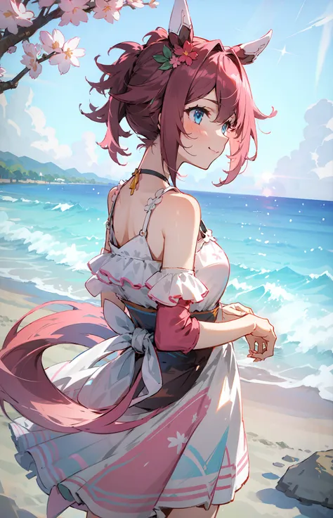 (masterpiece:1.2), solo, multicolored hair, two-tone hair, pink hair, blue hair, (((sundress, white dress))), (diagonal view, from behind:1.2) , ((ocean, beach, stone path)), fallen leaves, cherry blossom, (light smile, naughty_face,), colorful,  hair_ornament ,  spring light, warm lightning, <lora:GoodHands-vanilla:1> (small breasts,)<lora:sakura_chiyono_o_locon:0.8>,sakura chiyono o \(umamusume\),((short hair, (ponytail), )