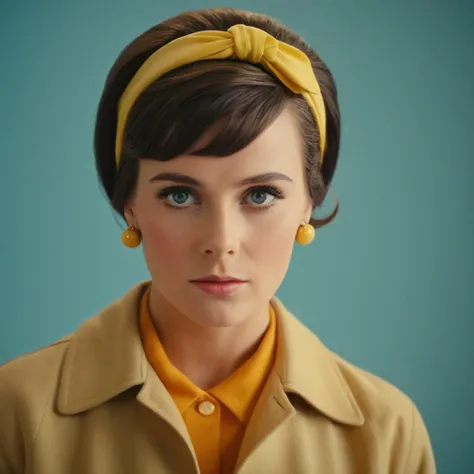 cinematic film still of <lora:1960's style:1>
In the 1960's a woman with a yellow headband and a yellow jacket,1girl,solo,looking at viewer,blue eyes,simple background,brown hair,jewelry,upper body,hairband,earrings,lips,realistic,orange shirt ,realistic,realism, detailed, perfection,perfect,filmic,retro,vintage,classic,different haircut,different look,different style,1960's style , 1960 style, shallow depth of field, vignette, highly detailed, high budget, bokeh, cinemascope, moody, epic, gorgeous, film grain, grainy