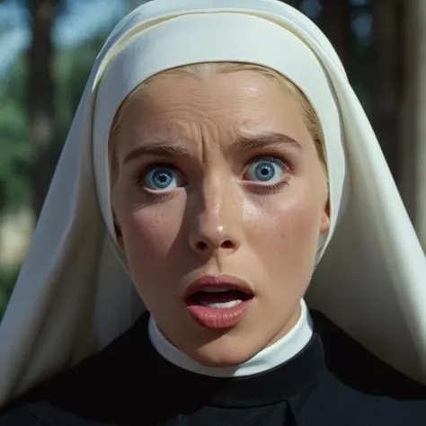 cinematic film still of  <lora:1960's style:1>
In the 1960's a surprised woman in a nun outfit looks surprised,1girl,solo,looking at viewer,open mouth,blue eyes,blonde hair,parted lips,teeth,lips,freckles,realistic,nun,habit,horror (theme) ,realistic,realism, detailed, perfection,perfect,filmic,retro,vintage,classic,different haircut,different look,different style,1960's style , 1960 style, shallow depth of field, vignette, highly detailed, high budget, bokeh, cinemascope, moody, epic, gorgeous, film grain, grainy